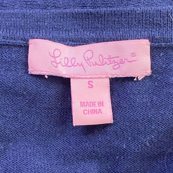 Lilly Pulitzer Ruffle Sweater Size S Navy Blue Silk Blend Puff Shoulder Pullover - Picture 5 of 6